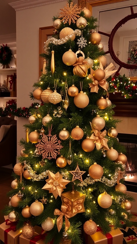 A luxurious Christmas tree decorated with elegant glass and crystal ornaments, glowing with warm lights.